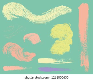 Paint lines grunge collection. Set of colorful pastel grungy hand drawn brush strokes on a green backdrop. Abstract ink texture, design elements, borders or frames. Brush strokes set backgrounds.
