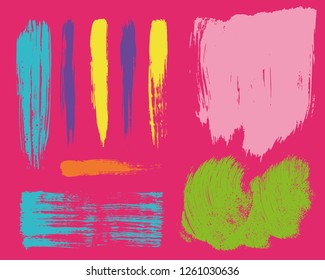 Paint lines grunge collection. Set of colorful bright grungy hand drawn brush strokes on a pink backdrop. Abstract ink texture, design elements, borders or frames. Brush strokes set backgrounds.