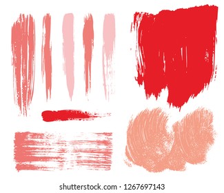 Paint lines grunge collection. Set of red and pink grungy hand drawn brush strokes isolated on white. Abstract ink texture, design elements, borders or frames. Brush strokes set backgrounds.