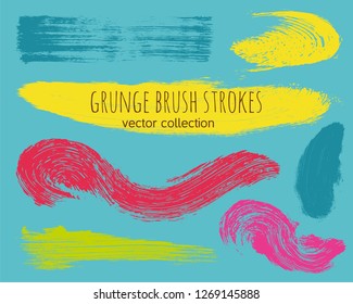 Paint lines grunge collection. Set of colorful bright grungy hand drawn brush strokes on a blue backdrop. Abstract ink texture, design elements, borders or frames. Brush strokes set backgrounds.