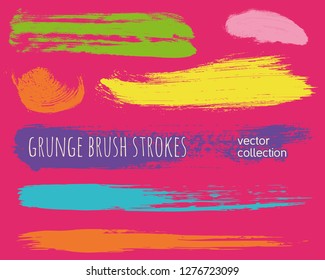 Paint lines grunge collection. Set of colorful bright grungy hand drawn brush strokes on a pink backdrop. Abstract ink texture, design elements, borders or frames. Brush strokes set backgrounds.
