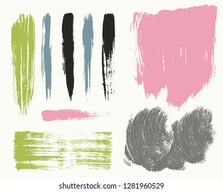 Paint lines grunge collection. Set of colored grungy hand drawn brush strokes isolated on white. Abstract ink texture, design elements, borders or frames. Brush strokes set backgrounds.