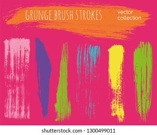Paint lines grunge collection. Set of colorful bright grungy hand drawn brush strokes on a pink backdrop. Abstract ink texture, design elements, borders or frames. Brush strokes set backgrounds.