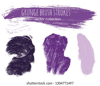 Paint lines grunge collection. Set of lilac grungy hand drawn brush strokes isolated on white. Abstract ink texture, design elements, borders or frames. Brush strokes set backgrounds.
