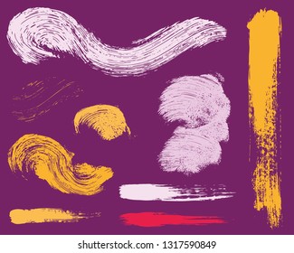 Paint lines grunge collection. Set of colorful bright grungy hand drawn brush strokes on a lilac backdrop. Abstract ink texture, design elements, borders or frames. Brush strokes set backgrounds.
