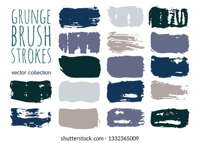 Paint lines grunge collection. Set of blue and grey grungy hand drawn brush strokes isolated on white. Abstract ink texture, design elements, borders or frames. Brush strokes set backgrounds.