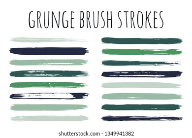 Paint lines grunge collection. Set of green grungy hand drawn brush strokes isolated on white. Abstract ink texture, design elements, borders or frames. Brush strokes set backgrounds.