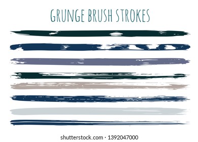 Paint lines grunge collection. Set of blue and grey grungy hand drawn brush strokes isolated on white. Abstract ink texture, design elements, borders or frames. Brush strokes set backgrounds.