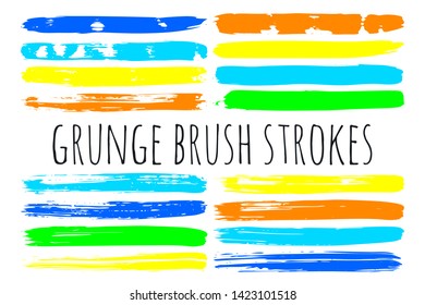Paint lines grunge collection. Set of colorful grungy hand drawn brush strokes isolated on white. Abstract ink texture, design elements, borders or frames. Brush strokes set backgrounds.