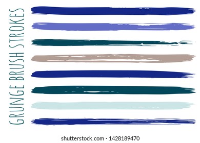 Paint lines grunge collection. Set of blue and grey grungy hand drawn brush strokes isolated on white. Abstract ink texture, design elements, borders or frames. Brush strokes set backgrounds.
