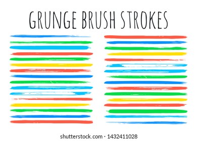 Paint lines grunge collection. Set of colorful grungy hand drawn brush strokes isolated on white. Abstract ink texture, design elements, borders or frames. Brush strokes set backgrounds.