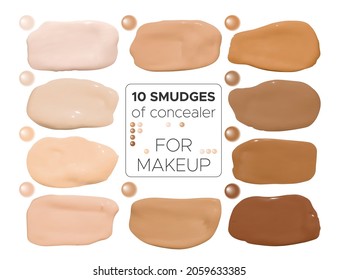Paint Liquid Foundation Smudges. Makeup Concealer Gel. Vector Realistic Swatch. Face Shade Brush. Brown Foundation Smudges. Female Make Up Smears. Skin Care Splash. 