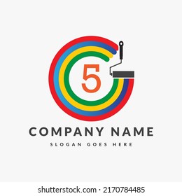 Paint Logo On Letter 5 Template. Paint Brush On 5 Letter, Initial Paint Sign Concept