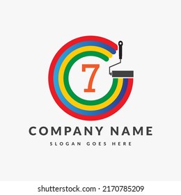 Paint Logo On Letter 7 Template. Paint Brush On 7 Letter, Initial Paint Sign Concept