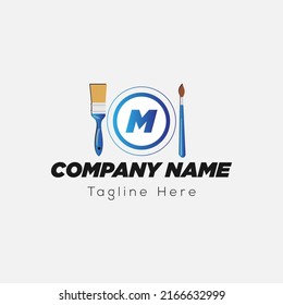 Paint Logo On Letter M Template. Paint Brush On M Letter, Initial Paint Sign Concept 
