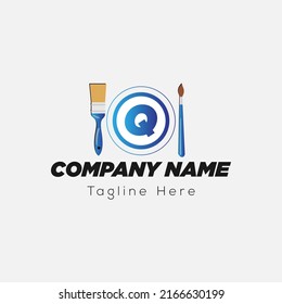 Paint Logo On Letter Q Template. Paint Brush On Q Letter, Initial Paint Sign Concept 