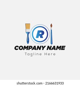 Paint Logo On Letter R Template. Paint Brush On R Letter, Initial Paint Sign Concept 