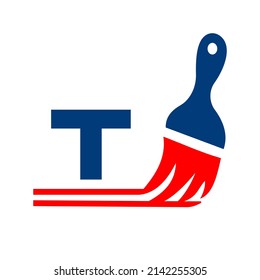 Paint logo on letter T sign. Paint brush element, house paint, painting services, painting logo template