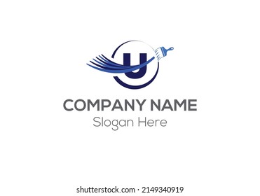 Paint Logo On Letter U Template. Paint Logo On U Letter, Initial Paint Sign Concept Template
