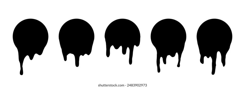 Paint melted drip shape icons set vector illustration. Splash of black ink circle drop, liquid blobs melt and flow with splatters, simple stickers with fluid droplets on wall isolated on white.