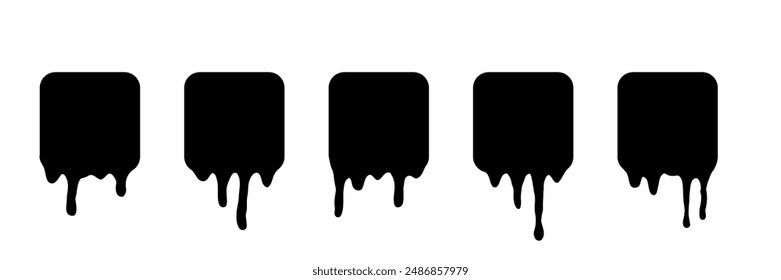 Paint melted drip shape icons set vector illustration. Splash of black ink square drop, liquid blobs melt and flow with splatters, simple stickers with fluid droplets on wall isolated on white.