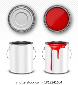Paint metal bucket, tin can with red ink in front, top and bottom view. Vector realistic 3d mockup of blank steel container with handle and paint drips isolated on transparent background