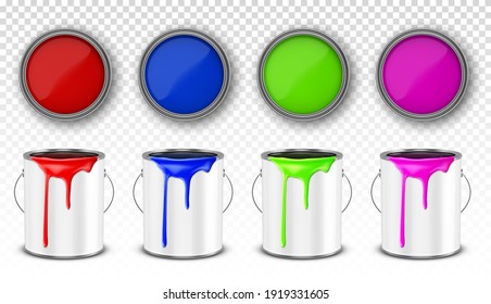 Paint metal bucket, tin cans with red, blue, pink and green ink in front and top view. Vector realistic 3d mockup of open steel containers with handle and paint drips isolated on white background