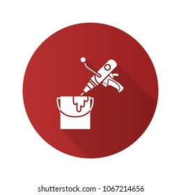 Paint mixer in bucket flat linear long shadow icon. Hand held cement mixer. Vector outline symbol