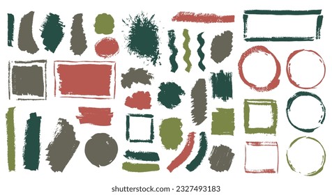 Paint mud brush stroke mega pack. Hand drawn border box modern shapes. Smear spot web banner stencil collection. Daub ink stains design.