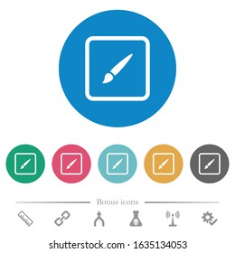 Paint object flat white icons on round color backgrounds. 6 bonus icons included.