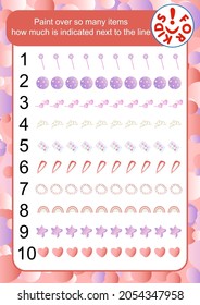 Paint over so many items how much is indicated next to the line. Children's vector template for educational books, developmental education. For girls.