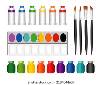 Paint And Paintbrush Collection, Bottles Of Paint, Tubes Of Oil Paint, Eight Color Watercolor Paint Pan And Paintbrushes, For Fine Art Painting And Illustration, Isolated On White Background.