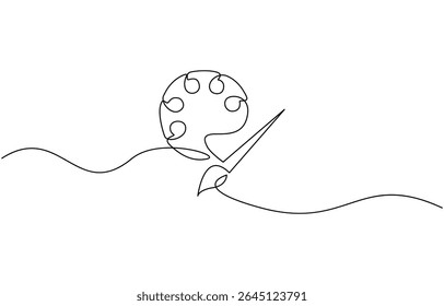 Paint palette art brush continuous one line drawing and minimalist style isolate outline , single line, one continuous line, simple, hand drawn and sketch. 