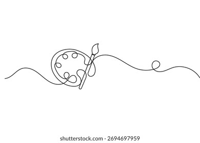 Paint palette and art brush continuous one line drawing minimalist style isolated vector illustration