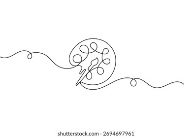 Paint palette and art brush continuous one line drawing minimalist style isolated vector illustration