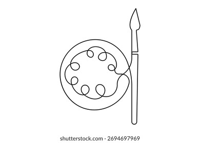 Paint palette and art brush continuous one line drawing minimalist style isolated vector illustration