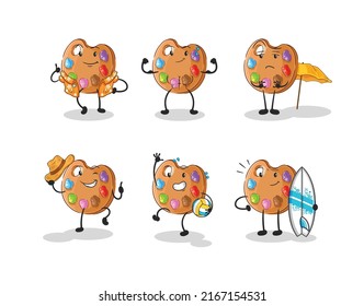 the paint palette beach vacation set character. cartoon mascot vector
