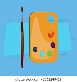 Paint palette and brush. Artist, art studio, smudges. Painting concept. Vector illustration can be used for topics like art, leisure, hobby