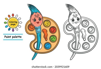 Paint palette and brush character for coloring book. Cute painting pen with face. Art material. Painter supplies. Cartoon colored, and black outline drawing. Kids colouring page, children game. Vector