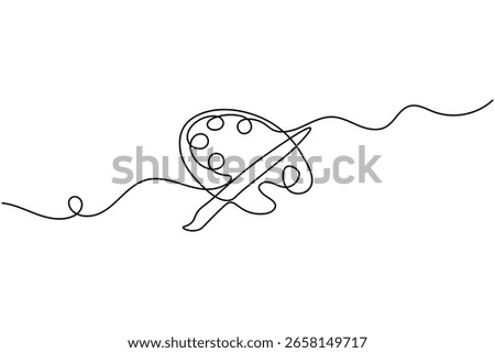 Paint palette and brush continuous one line drawing minimalist outline vector illustration