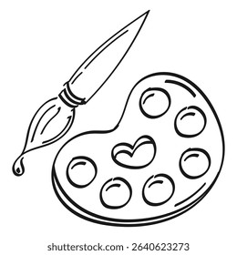 Paint palette and brush. Contour, abstract drawing by hand, doodle. Black on white background, vector.