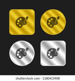 Paint palette and brush gold and silver metallic coin logo icon design