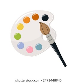 Paint palette and brush on a white background.Stationery.Vector illustration in flat style.