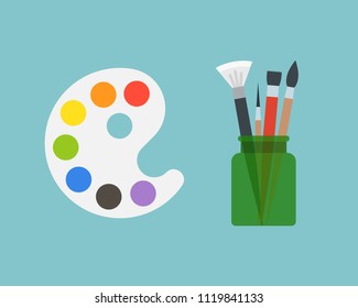 Paint palette and paint brushes, art equipment