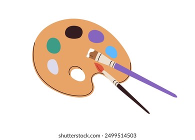 Paint palette and brushes. Painting color pallette, creative drawing tool. Artistic supplies, oil colour pallet on wooden board, artist accessory. Flat vector illustration isolated on white background