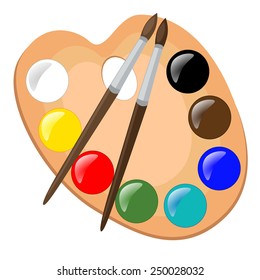 Paint palette with brushes, vector illustration