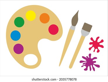 paint palette with brushes vector, wooden drip palette and paint brushes with drops of paint 