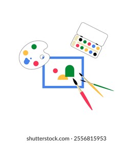 Paint Palette With Brushes And Watercolors In Flat Vector Illustration Symbolizing Painting Tools And Creative Activities, Isolated On White Background