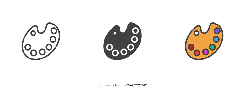 Conjunto de iconos de estilo diferente de la paleta de pintura. Línea, glifo y contorno relleno versión colorida, contorno y Vector relleno signo. Símbolo, ilustración del logotipo. Vector gráfico