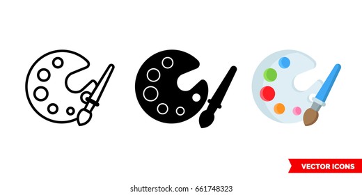 Paint palette icon of 3 types: color, black and white, outline. Isolated vector sign symbol.
